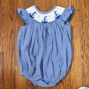 Smocked sailboat bubble with ric rac detail - 12 mos